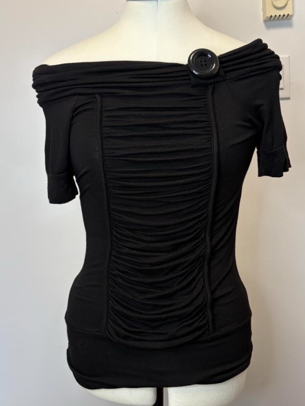Black Off-Shoulder Ruched Women's top - Picture 2 of 3